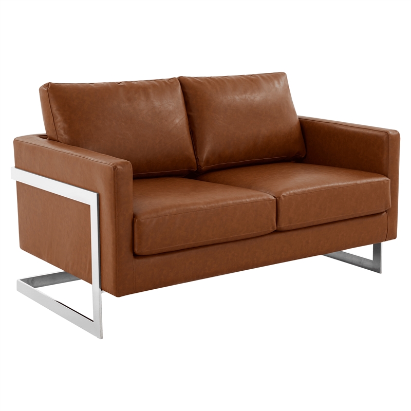 LeisureMod Leather Loveseat with Removable Cushions and Stainless Steel Base in Brown
