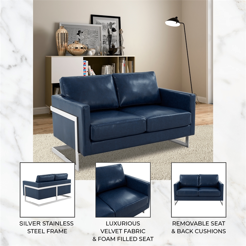 LeisureMod Leather Loveseat with Removable Cushions and Stainless Steel Base in Blue