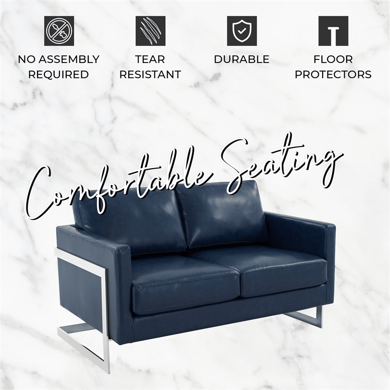 LeisureMod Leather Loveseat with Removable Cushions and Stainless Steel Base in Blue