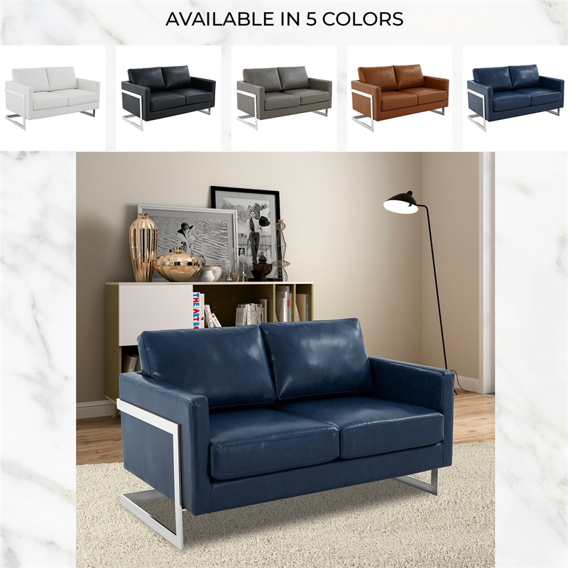 LeisureMod Leather Loveseat with Removable Cushions and Stainless Steel Base in Blue
