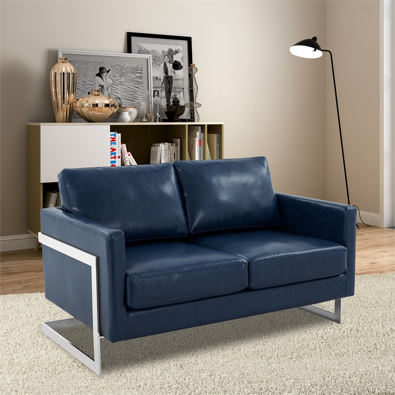 LeisureMod Leather Loveseat with Removable Cushions and Stainless Steel Base in Blue