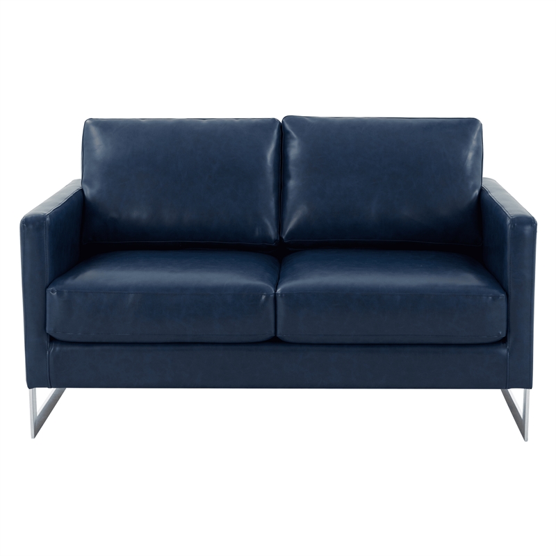 LeisureMod Leather Loveseat with Removable Cushions and Stainless Steel Base in Blue