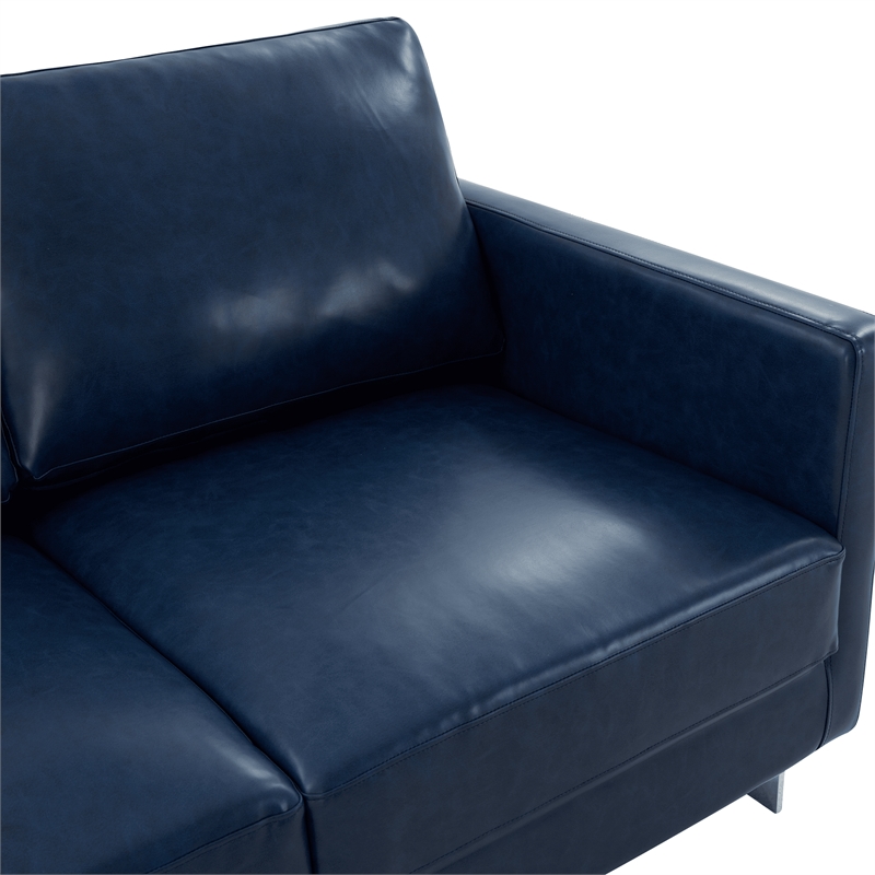 LeisureMod Leather Loveseat with Removable Cushions and Stainless Steel Base in Blue