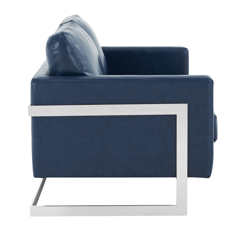 LeisureMod Leather Loveseat with Removable Cushions and Stainless Steel Base in Blue