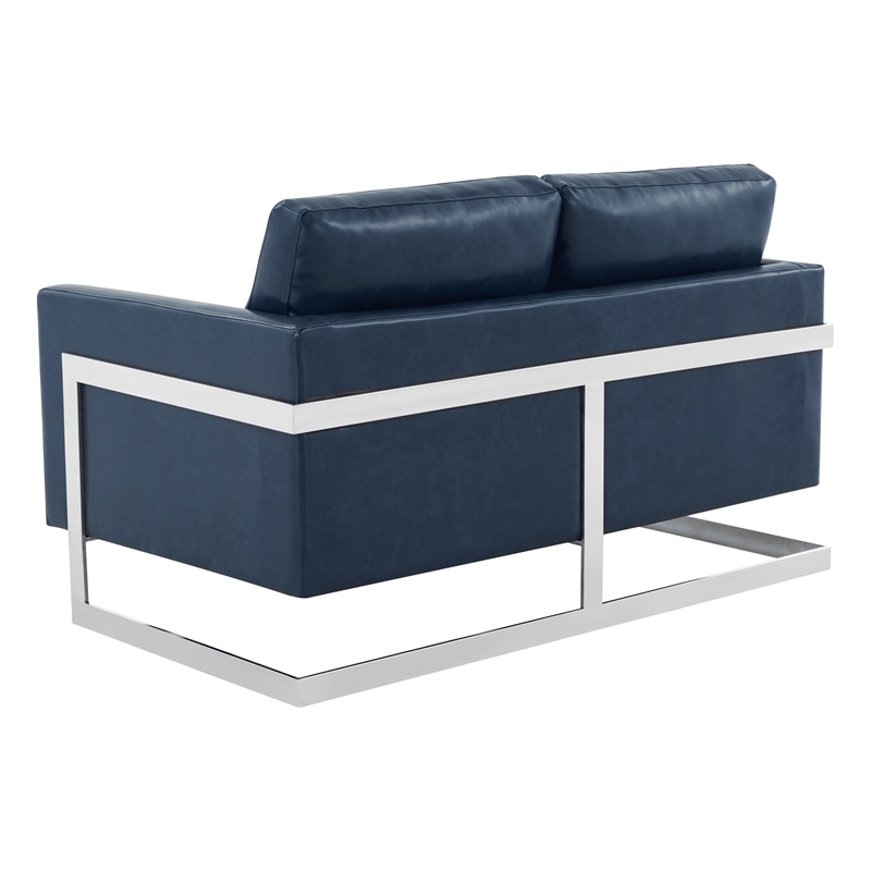 LeisureMod Leather Loveseat with Removable Cushions and Stainless Steel Base in Blue