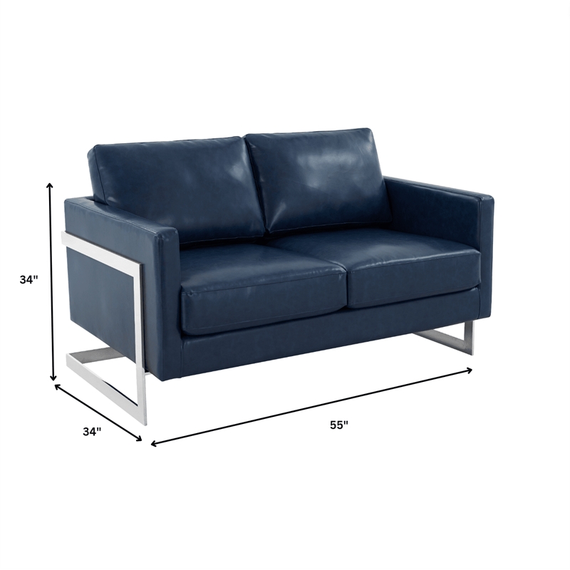LeisureMod Leather Loveseat with Removable Cushions and Stainless Steel Base in Blue