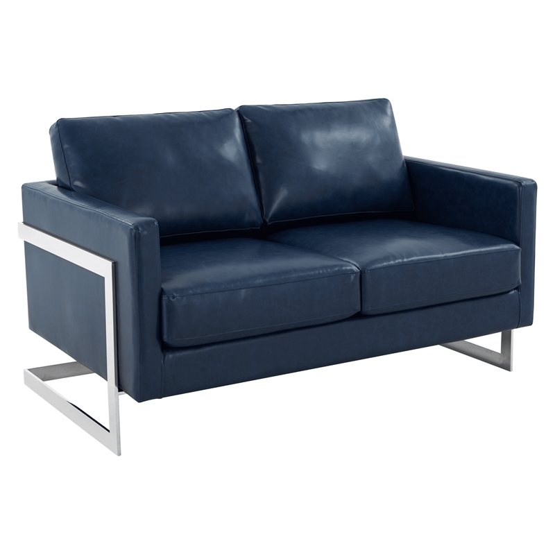 LeisureMod Leather Loveseat with Removable Cushions and Stainless Steel Base in Blue