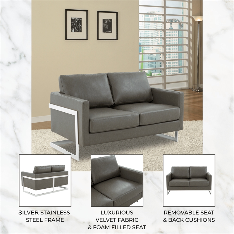 LeisureMod Leather Loveseat with Removable Cushions and Stainless Steel Base in Grey