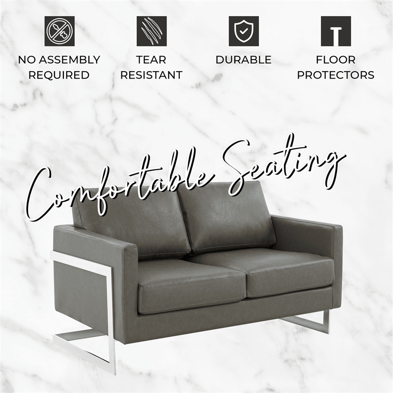 LeisureMod Leather Loveseat with Removable Cushions and Stainless Steel Base in Grey