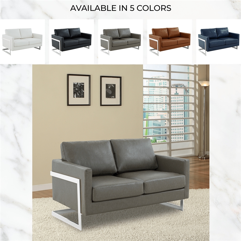LeisureMod Leather Loveseat with Removable Cushions and Stainless Steel Base in Grey