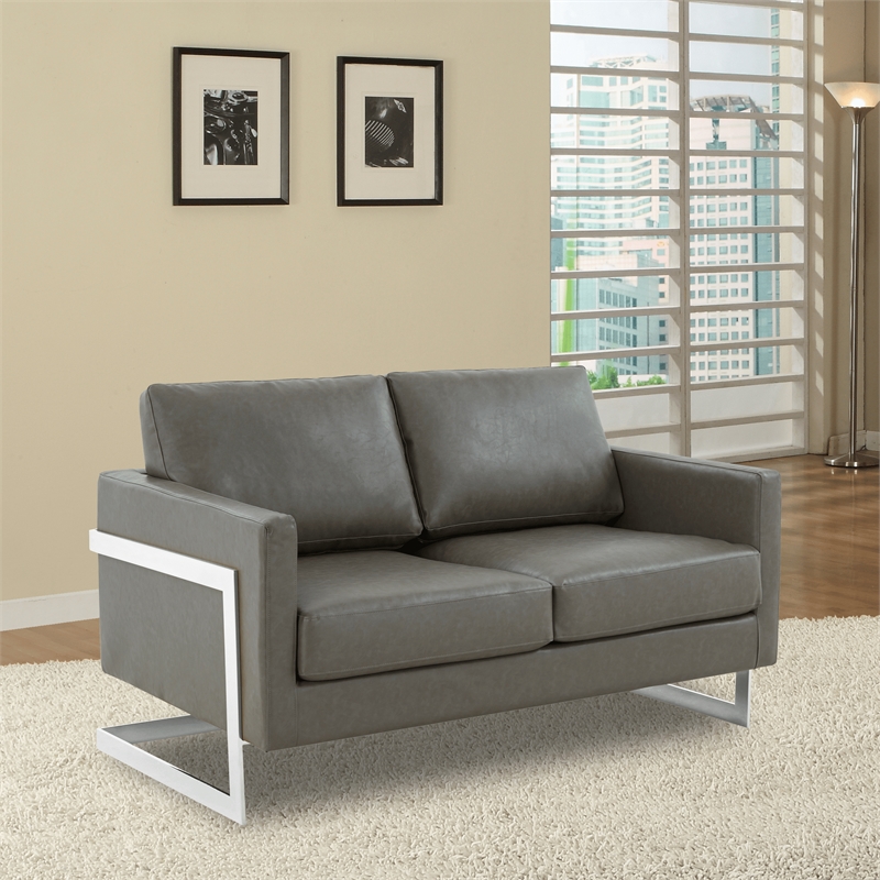 LeisureMod Leather Loveseat with Removable Cushions and Stainless Steel Base in Grey