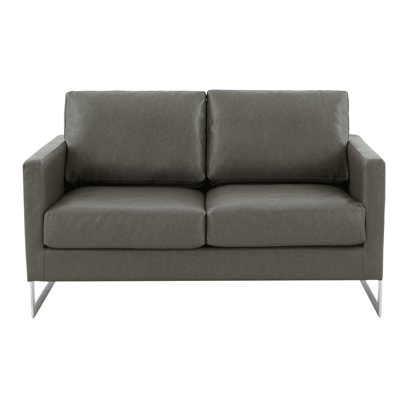 LeisureMod Leather Loveseat with Removable Cushions and Stainless Steel Base in Grey