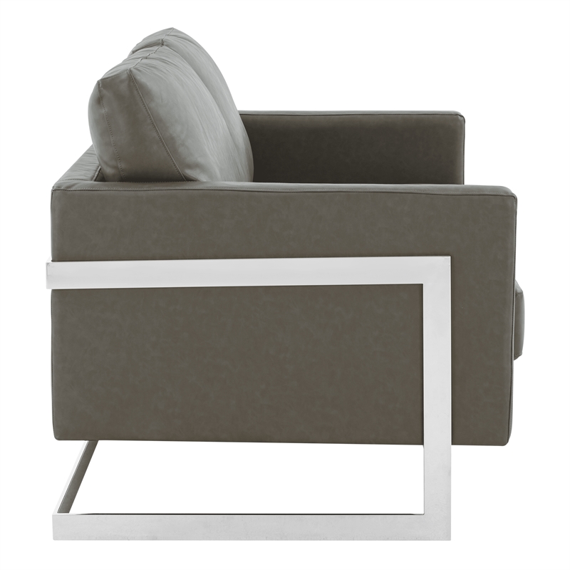 LeisureMod Leather Loveseat with Removable Cushions and Stainless Steel Base in Grey
