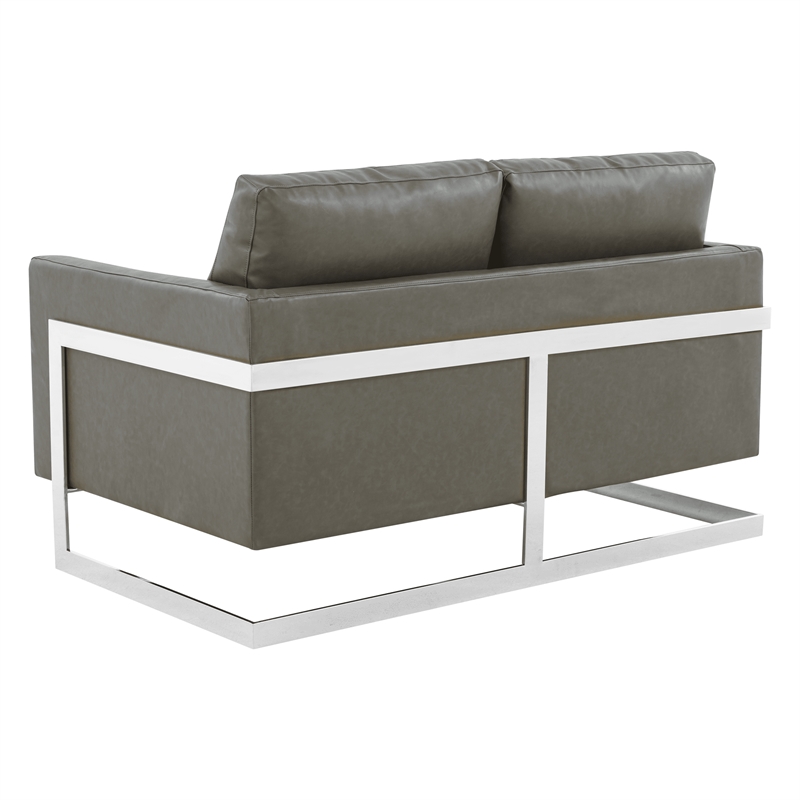 LeisureMod Leather Loveseat with Removable Cushions and Stainless Steel Base in Grey