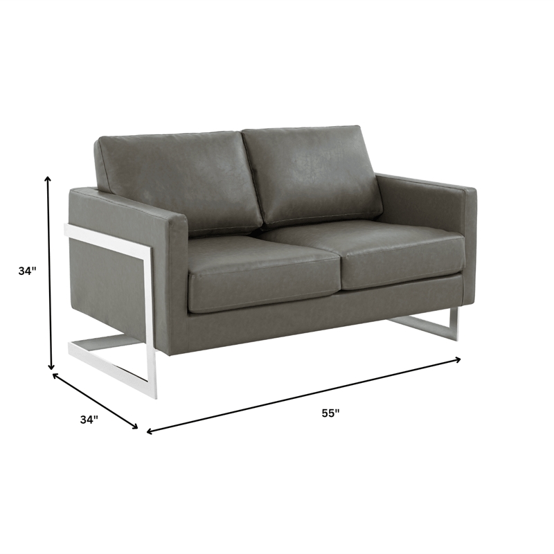 LeisureMod Leather Loveseat with Removable Cushions and Stainless Steel Base in Grey