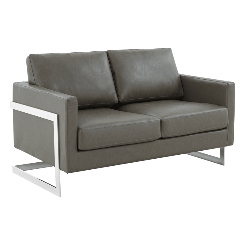LeisureMod Leather Loveseat with Removable Cushions and Stainless Steel Base in Grey