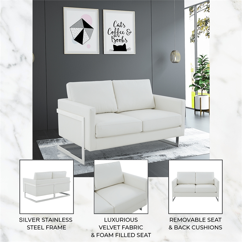 LeisureMod Leather Loveseat with Removable Cushions and Stainless Steel Base in White