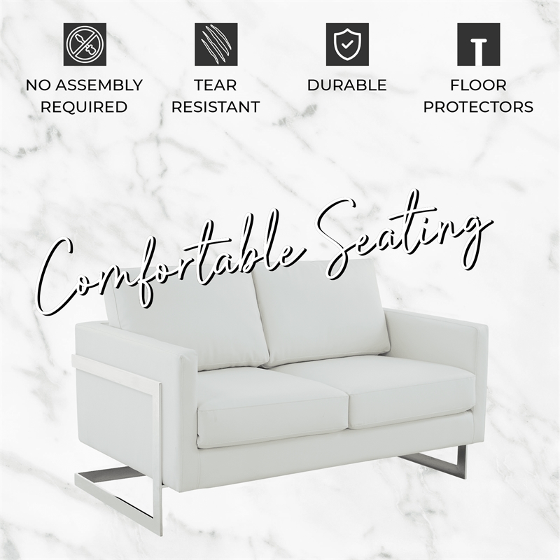 LeisureMod Leather Loveseat with Removable Cushions and Stainless Steel Base in White