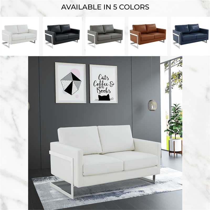 LeisureMod Leather Loveseat with Removable Cushions and Stainless Steel Base in White