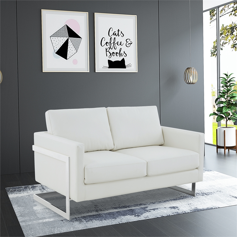 LeisureMod Leather Loveseat with Removable Cushions and Stainless Steel Base in White