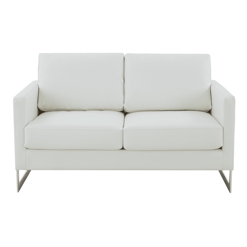 LeisureMod Leather Loveseat with Removable Cushions and Stainless Steel Base in White