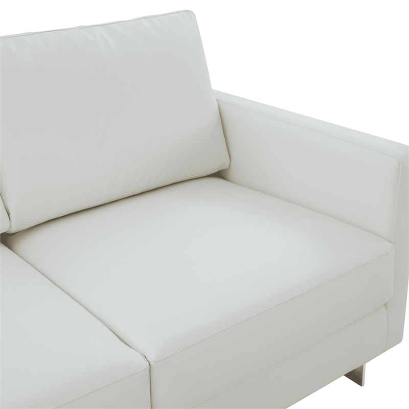 LeisureMod Leather Loveseat with Removable Cushions and Stainless Steel Base in White