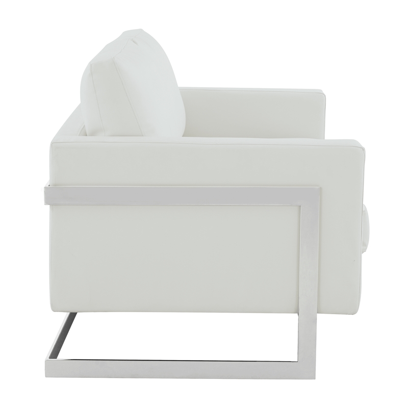 LeisureMod Leather Loveseat with Removable Cushions and Stainless Steel Base in White
