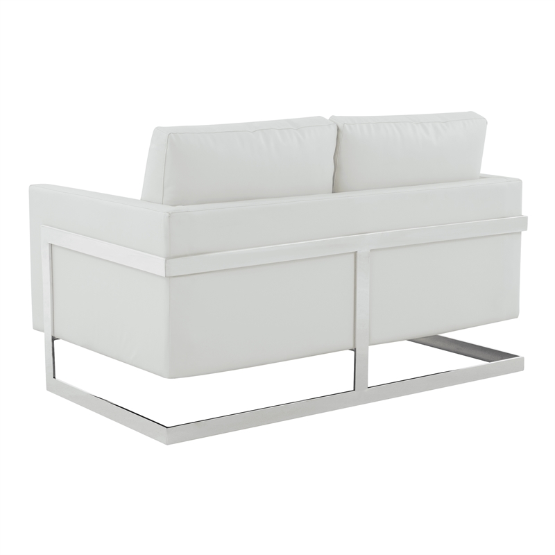 LeisureMod Leather Loveseat with Removable Cushions and Stainless Steel Base in White