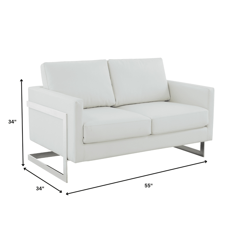 LeisureMod Leather Loveseat with Removable Cushions and Stainless Steel Base in White