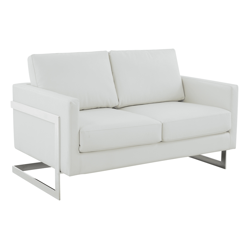 LeisureMod Leather Loveseat with Removable Cushions and Stainless Steel Base in White