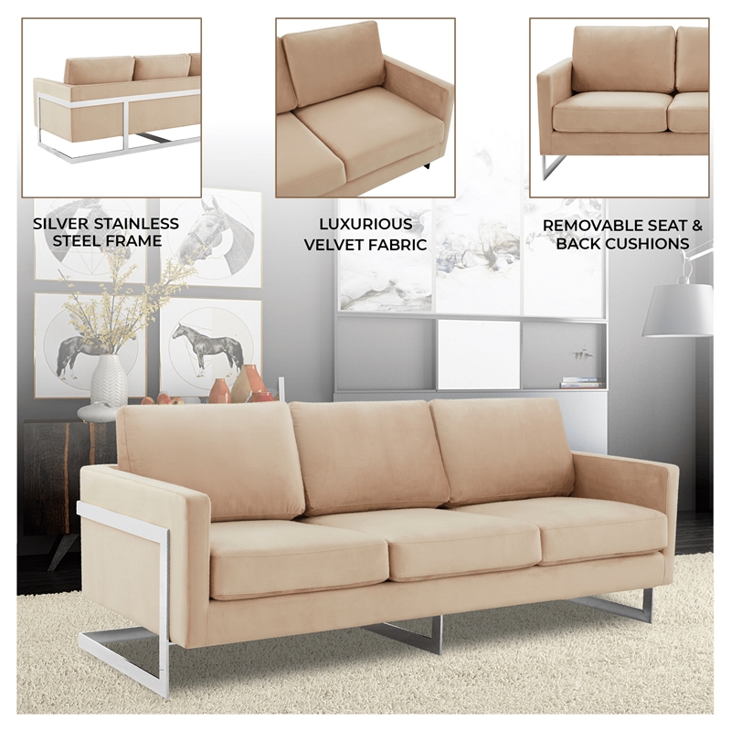 LeisureMod 3-Seater Velvet Sofa with Removable Cushions/Steel Base in Beige