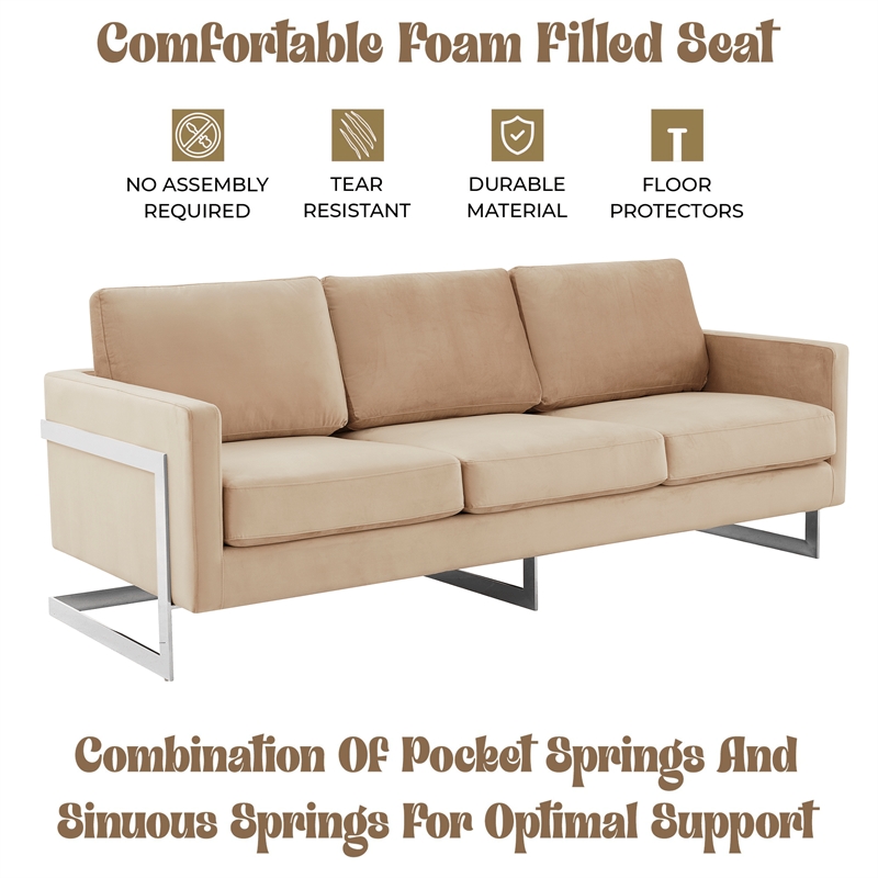 LeisureMod 3-Seater Velvet Sofa with Removable Cushions/Steel Base in Beige