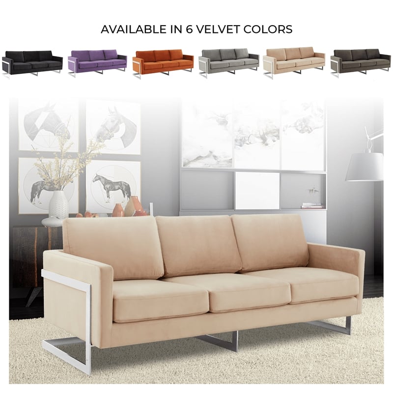 LeisureMod 3-Seater Velvet Sofa with Removable Cushions/Steel Base in Beige