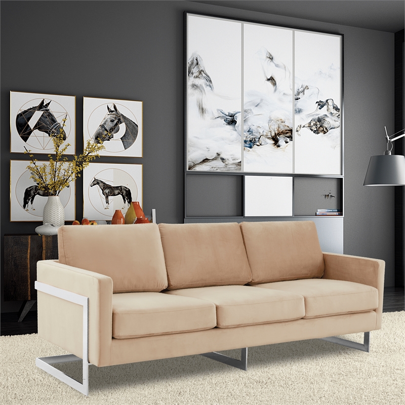 LeisureMod 3-Seater Velvet Sofa with Removable Cushions/Steel Base in Beige