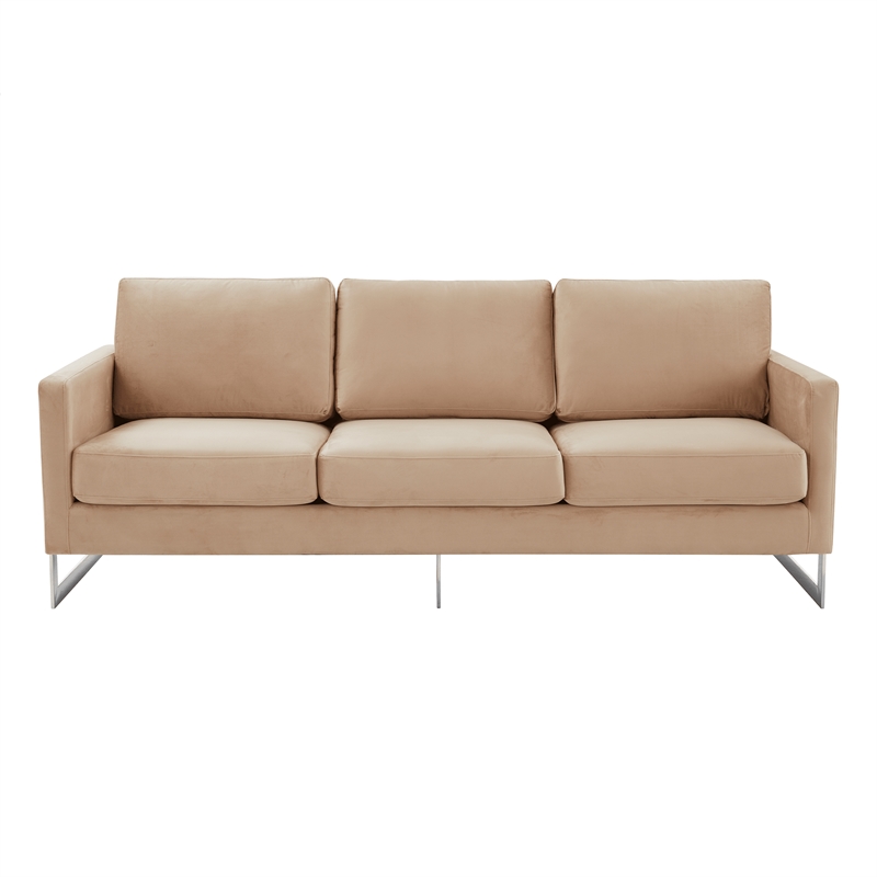 LeisureMod 3-Seater Velvet Sofa with Removable Cushions/Steel Base in Beige