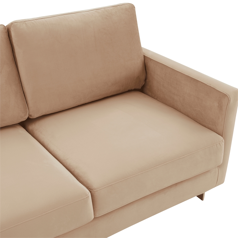 LeisureMod 3-Seater Velvet Sofa with Removable Cushions/Steel Base in Beige