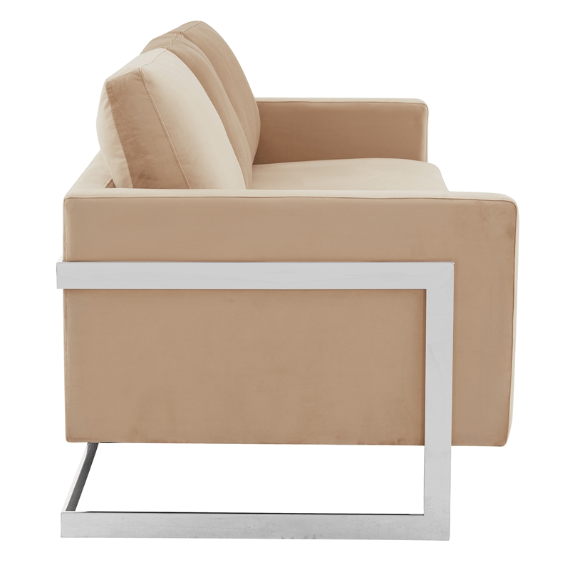 LeisureMod 3-Seater Velvet Sofa with Removable Cushions/Steel Base in Beige