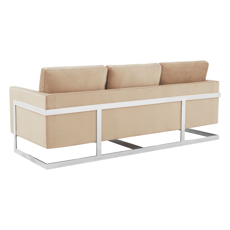 LeisureMod 3-Seater Velvet Sofa with Removable Cushions/Steel Base in Beige