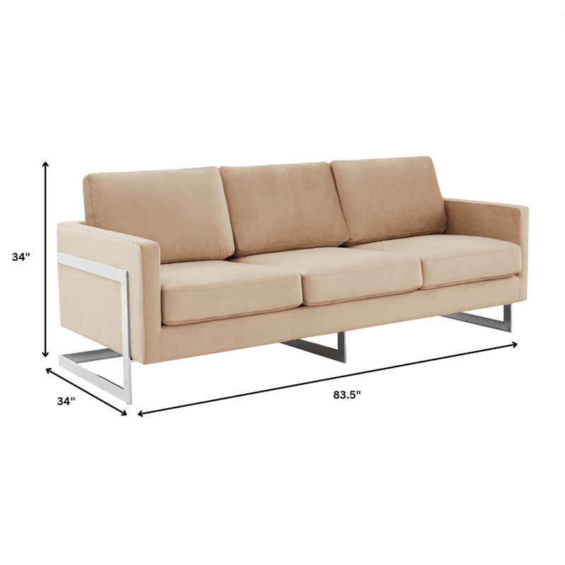 LeisureMod 3-Seater Velvet Sofa with Removable Cushions/Steel Base in Beige