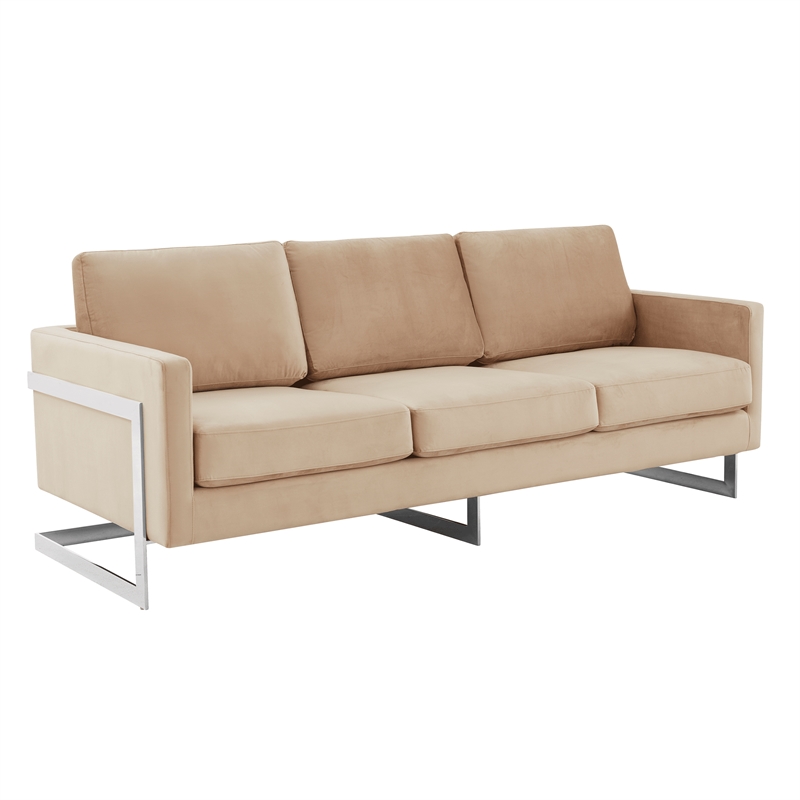 LeisureMod 3-Seater Velvet Sofa with Removable Cushions/Steel Base in Beige