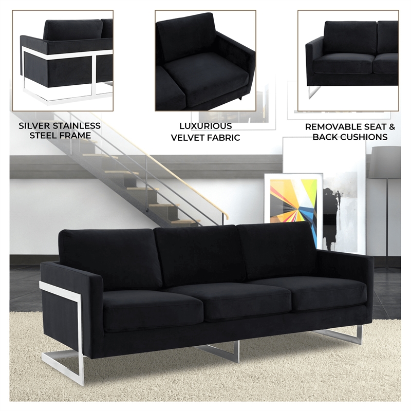 LeisureMod 3-Seater Velvet Sofa with Removable Cushions/Steel Base in Midnight Black