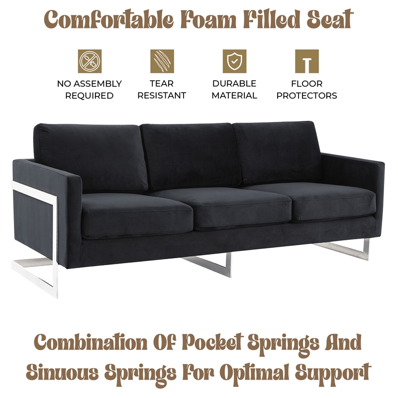 LeisureMod 3-Seater Velvet Sofa with Removable Cushions/Steel Base in Midnight Black