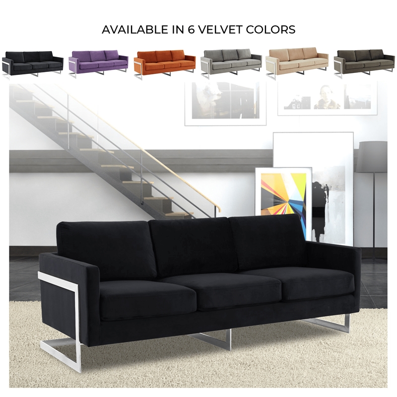 LeisureMod 3-Seater Velvet Sofa with Removable Cushions/Steel Base in Midnight Black