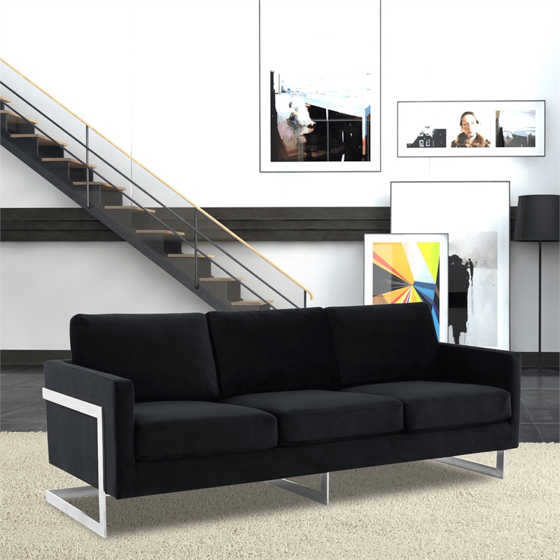 LeisureMod 3-Seater Velvet Sofa with Removable Cushions/Steel Base in Midnight Black