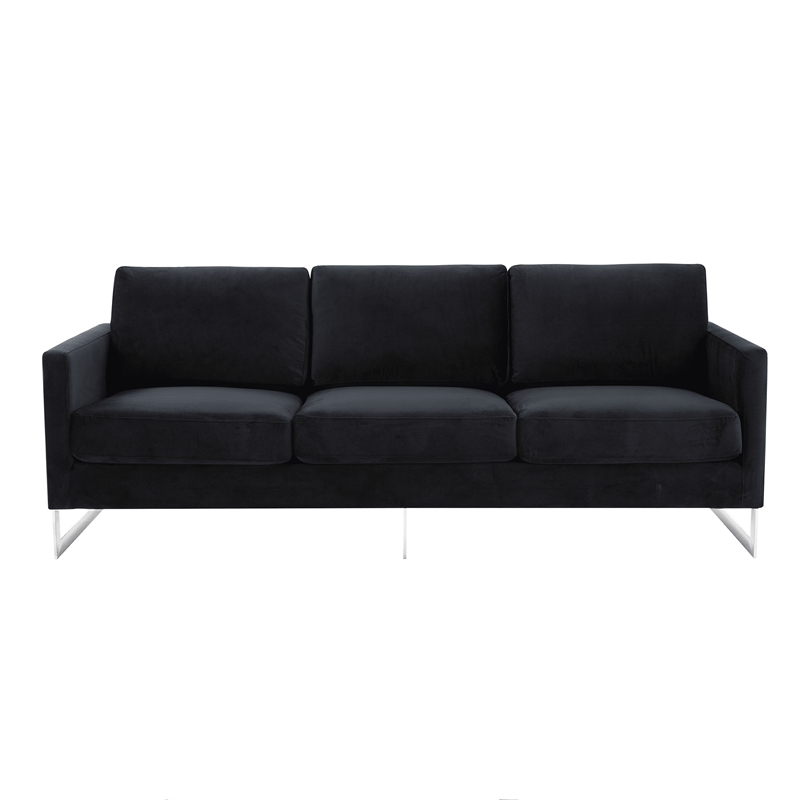 LeisureMod 3-Seater Velvet Sofa with Removable Cushions/Steel Base in Midnight Black