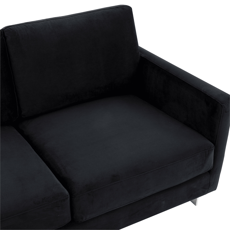 LeisureMod 3-Seater Velvet Sofa with Removable Cushions/Steel Base in Midnight Black