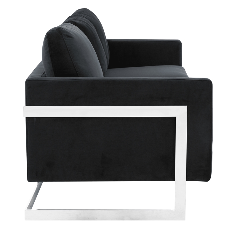 LeisureMod 3-Seater Velvet Sofa with Removable Cushions/Steel Base in Midnight Black