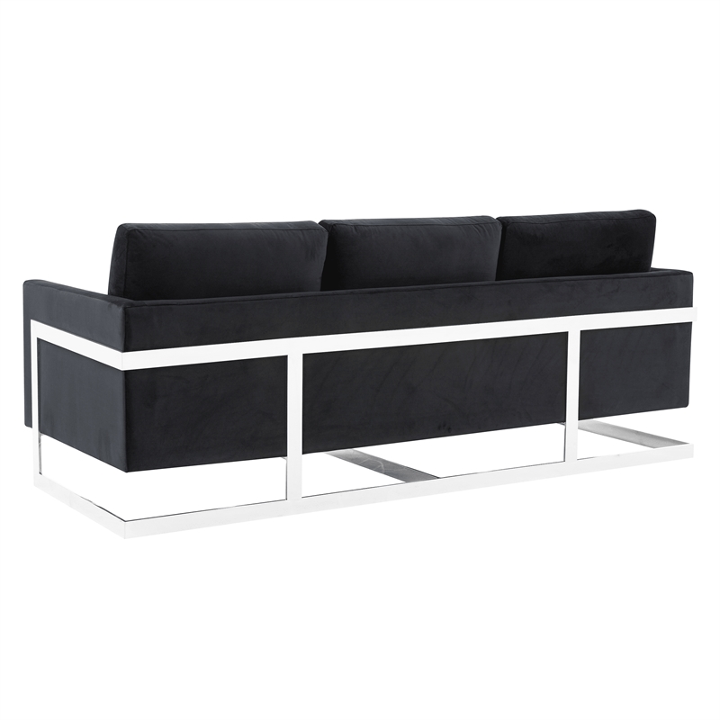LeisureMod 3-Seater Velvet Sofa with Removable Cushions/Steel Base in Midnight Black