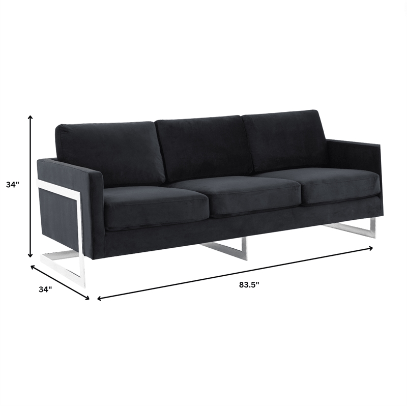 LeisureMod 3-Seater Velvet Sofa with Removable Cushions/Steel Base in Midnight Black