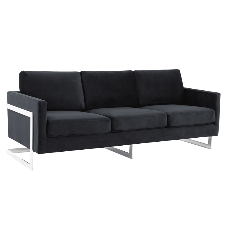 LeisureMod 3-Seater Velvet Sofa with Removable Cushions/Steel Base in Midnight Black